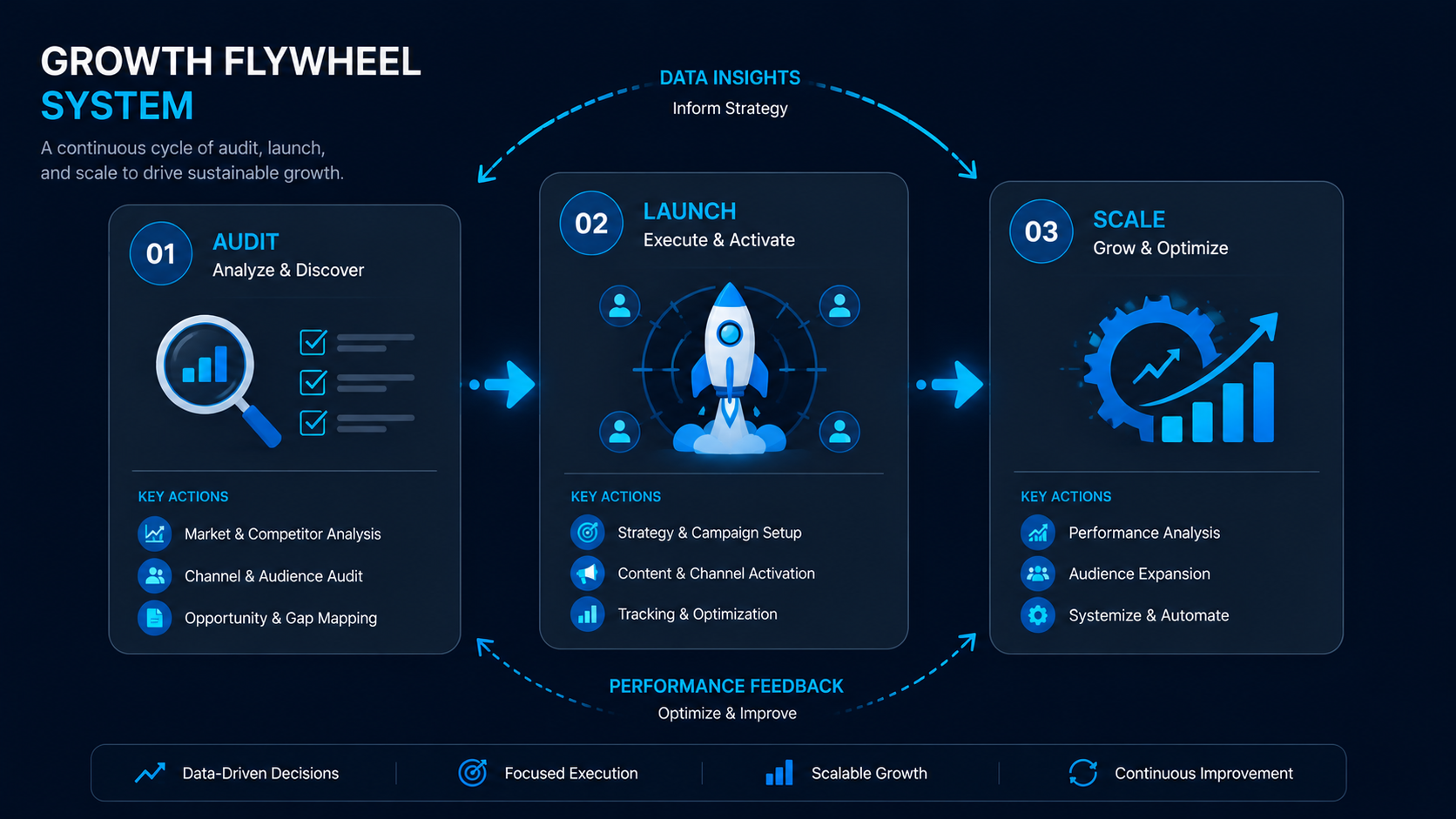 Growth flywheel diagram illustrating advanced telegram advertising techniques across audit, launch, and scale phases 