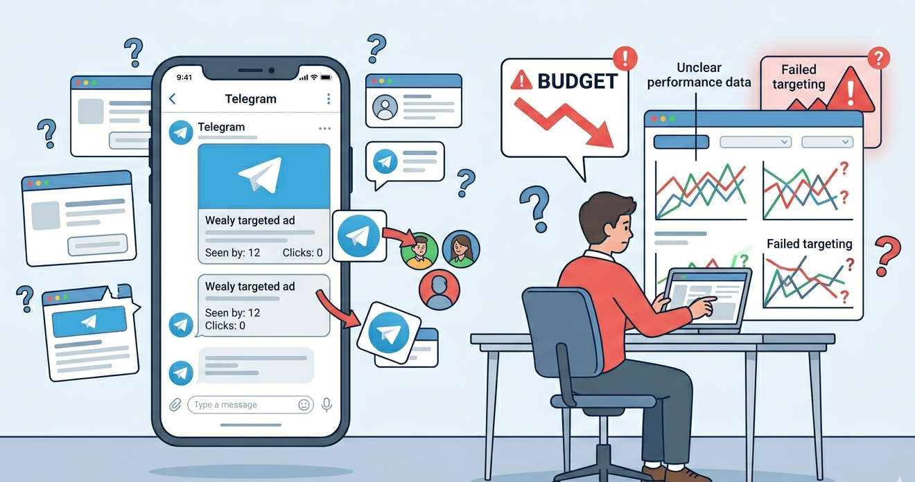 A person managing ads alone with messy data, asking can businesses handle telegram ads solo profitably.
