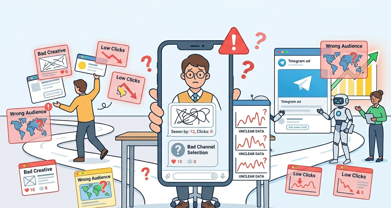An overwhelmed marketer showing the risks when can businesses handle telegram ads solo without expert help.