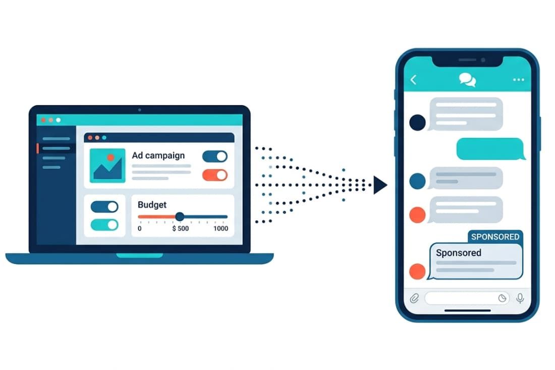Laptop ad campaign dashboard sending a sponsored message to mobile, illustrating driving brand growth with Telegram ads.