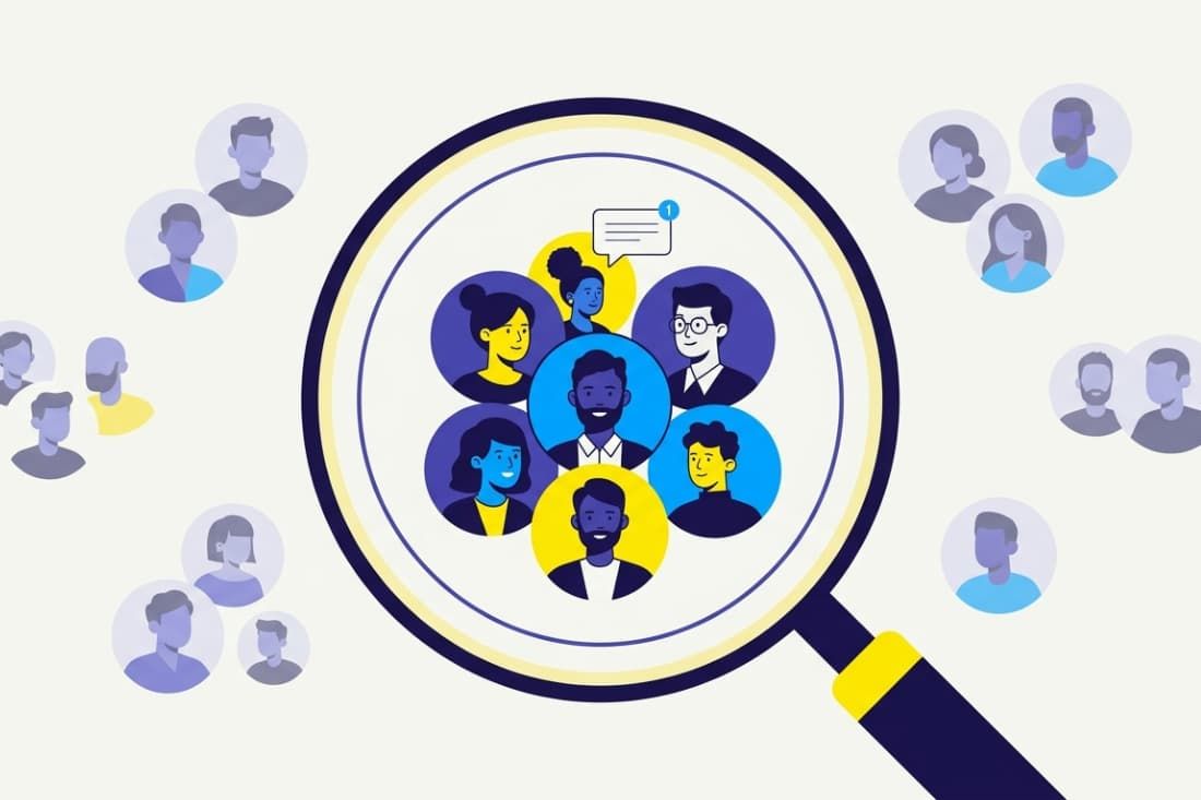 Magnifying glass focusing on a niche audience segment, representing driving brand growth with Telegram ads targeting.