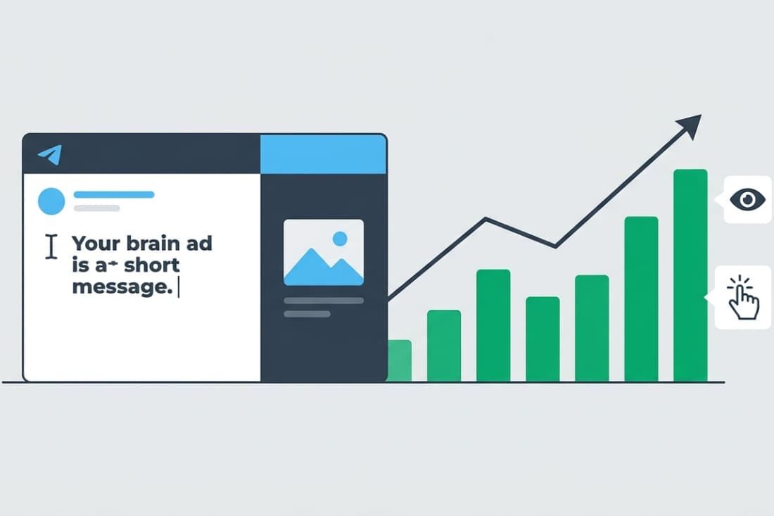 Illustration of driving brand growth with Telegram ads showing a short message format and rising performance chart.