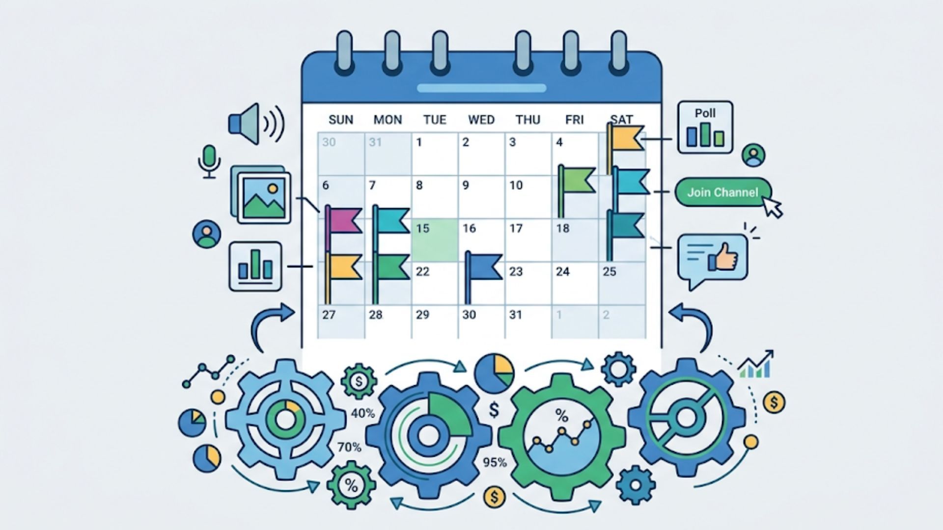 Vector illustration showing the complex workflow of executing Telegram ad campaigns.