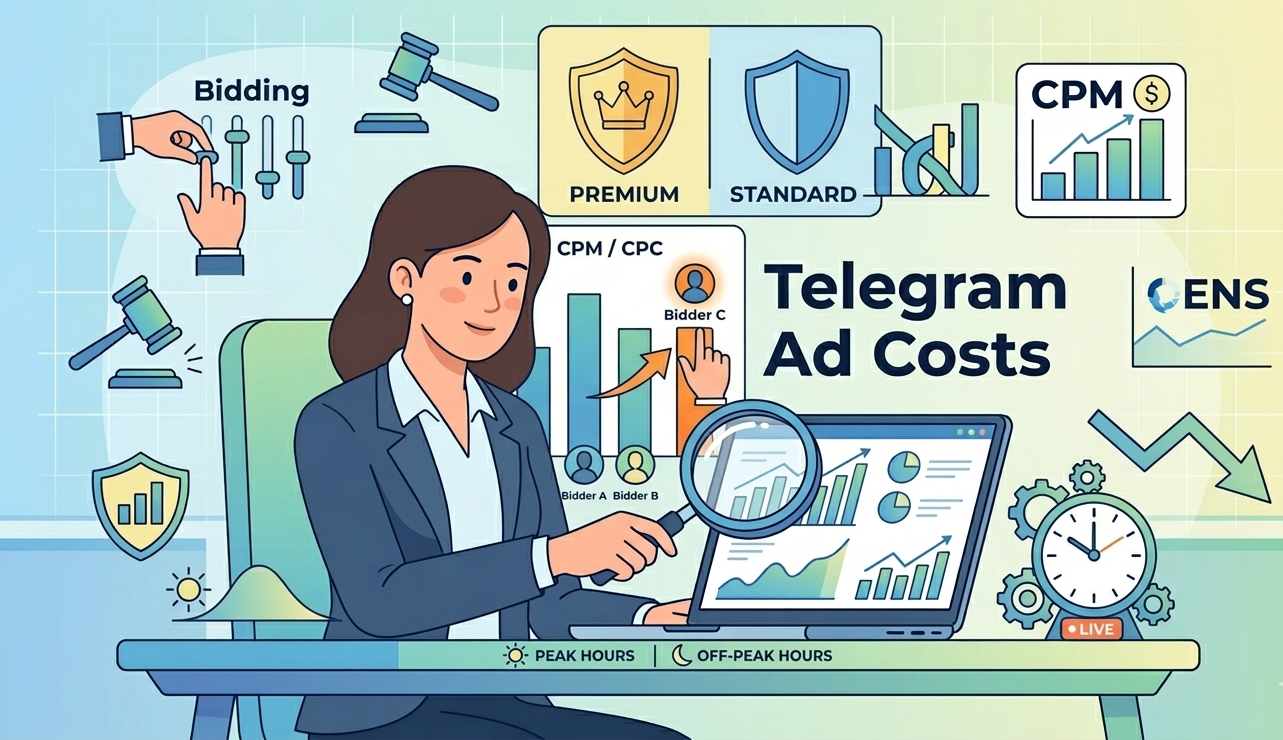 Vector illustration of a campaign setup checklist with ad format options. These parameters are factors affecting Telegram ad costs.