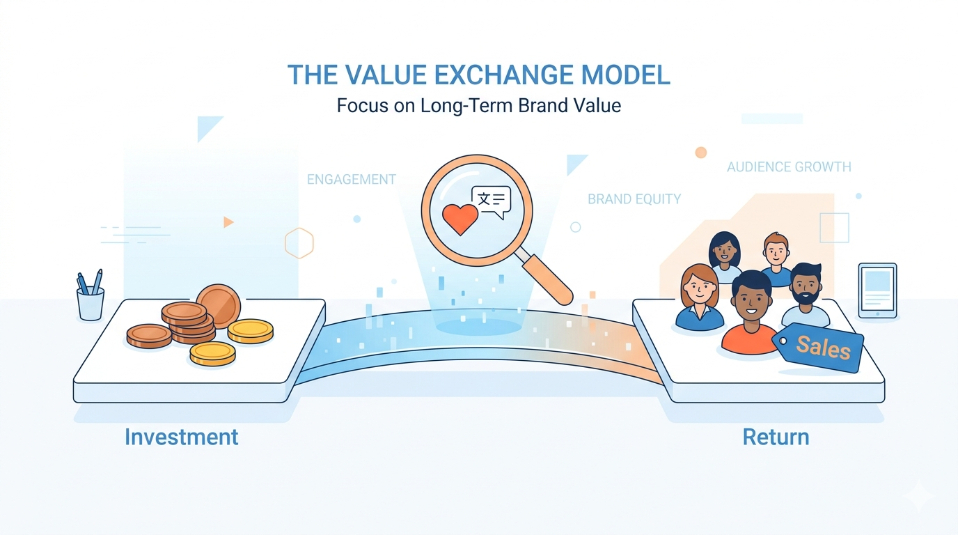 Flat illustration of a value exchange model depicting how Telegram ad ROI is measured through engagement and sales.