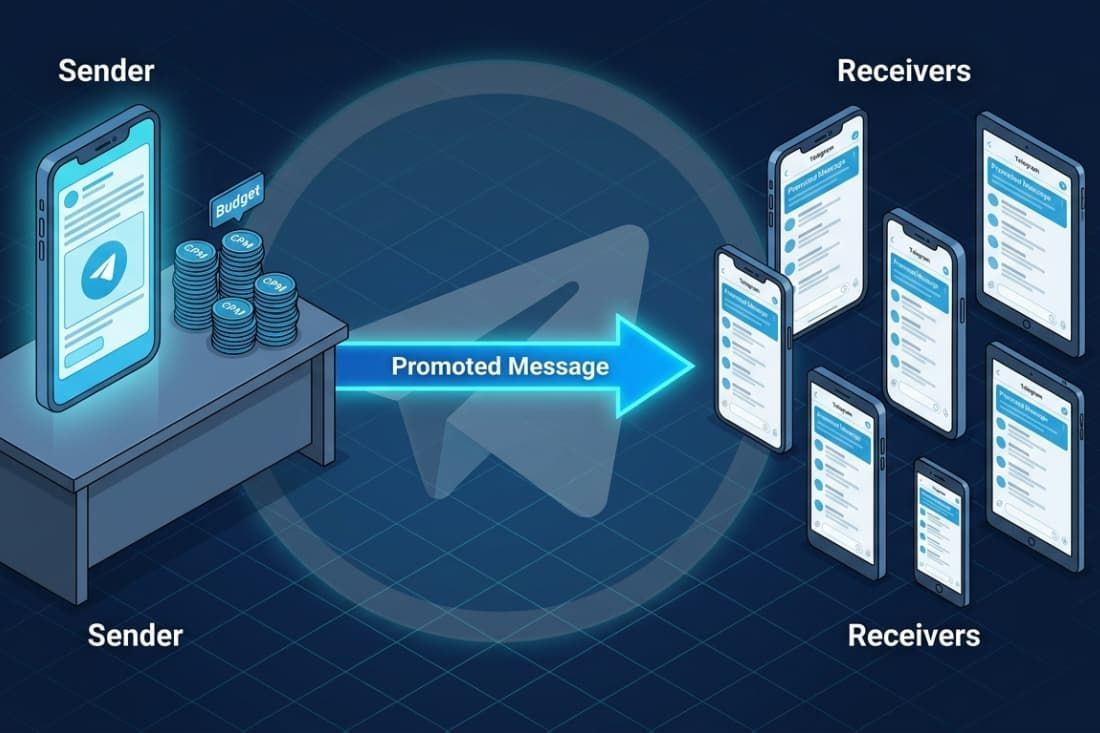 Diagram showing a promoted message flow from sender to receivers illustrating how telegram ad campaigns function