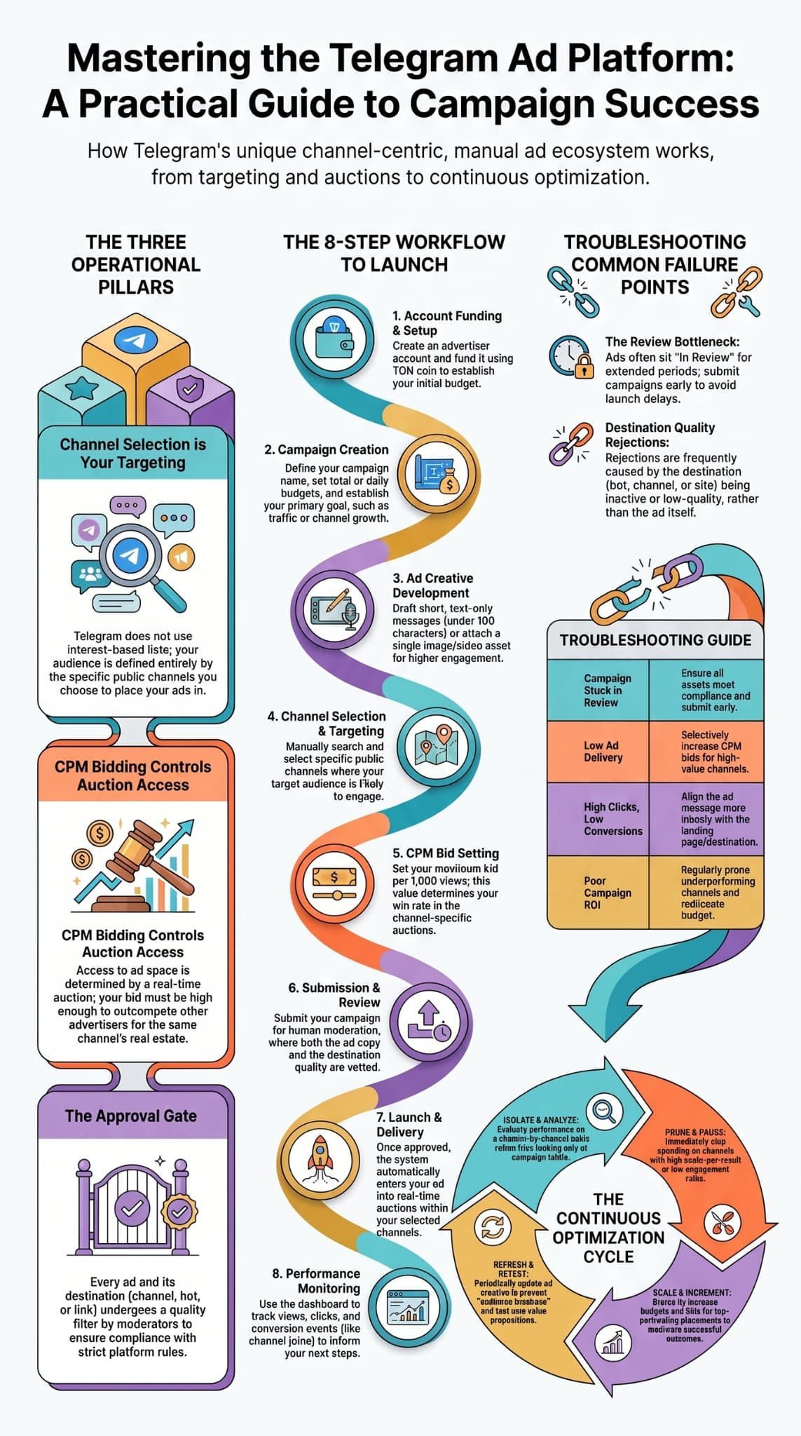 Step-by-step infographic guide explaining how telegram ad campaigns function from setup to optimization