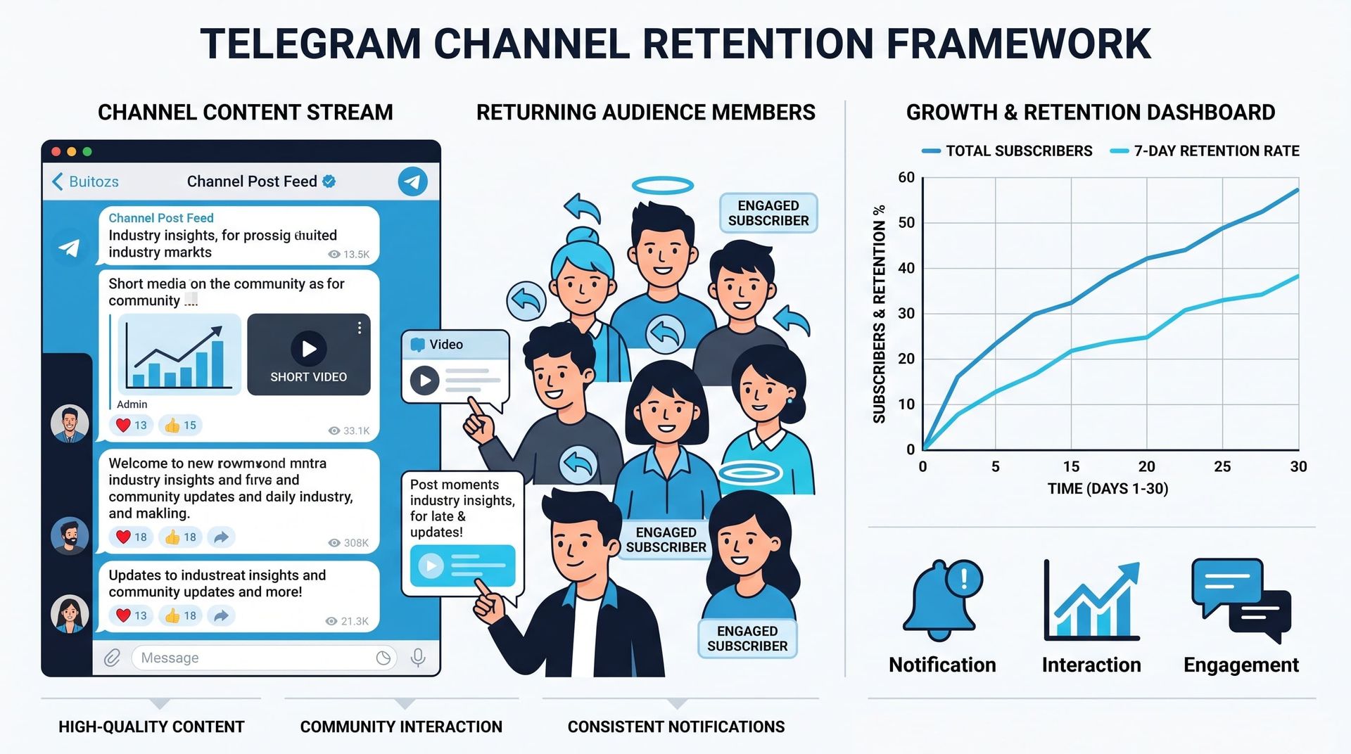 Retention framework showing how telegram marketing works to keep subscribers engaged through content and interaction.