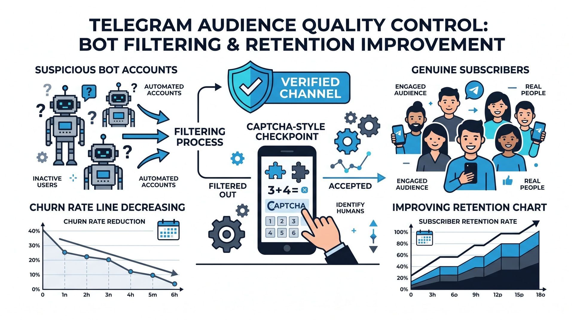 Illustration of how telegram marketing works with bot filtering that keeps real subscribers and improves retention.