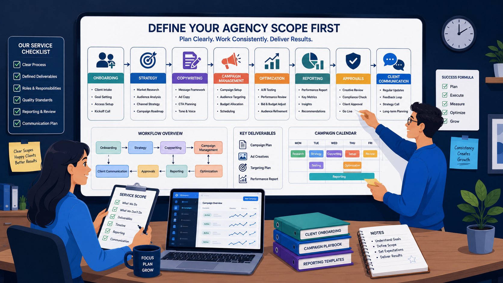 Business consultant presenting the setup process for Telegram ad agency with structured planning workflow.