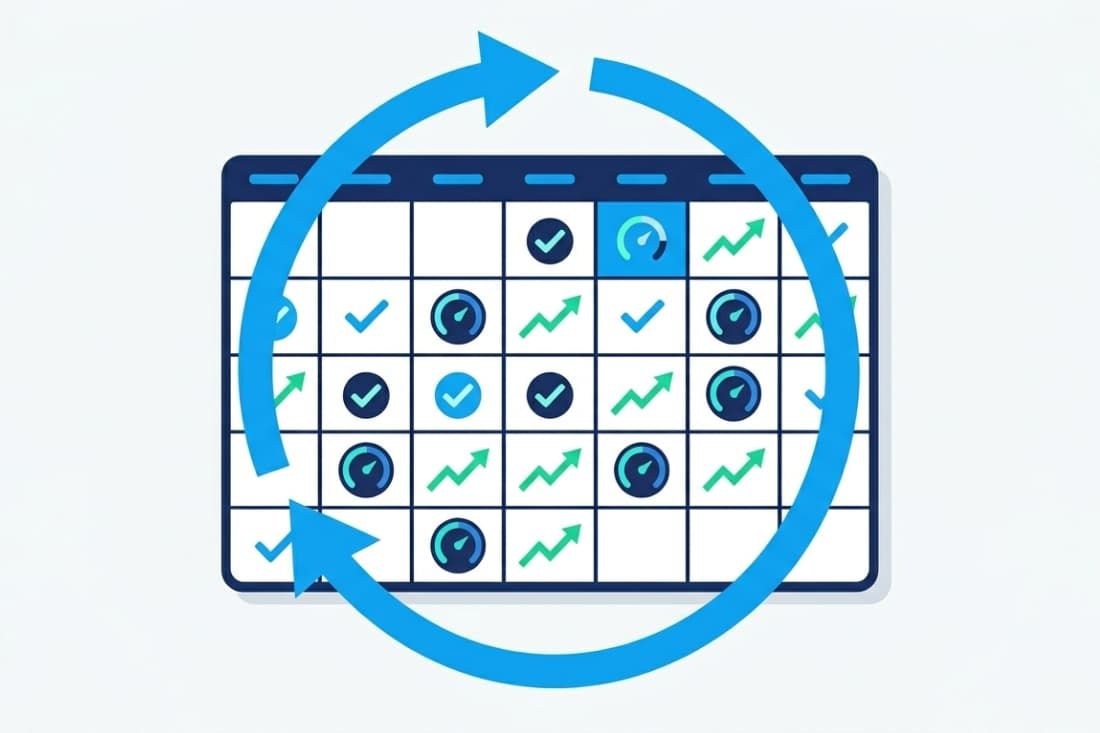 Circular calendar illustration representing consistent weekly routines for managing telegram ad performance