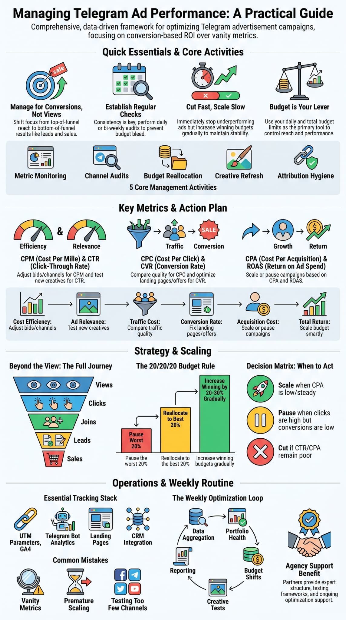 Infographic with metrics and scaling strategies for managing telegram ad performance effectively