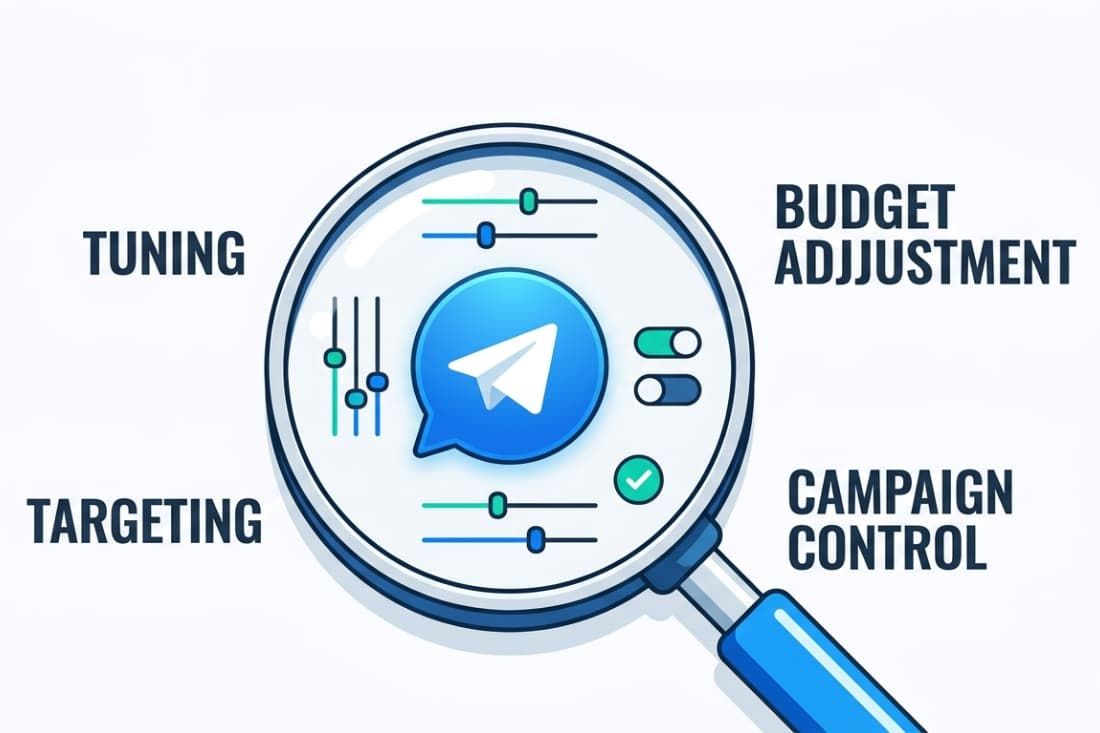 Magnifying glass illustration showing targeting and budget controls for optimizing telegram ad campaigns