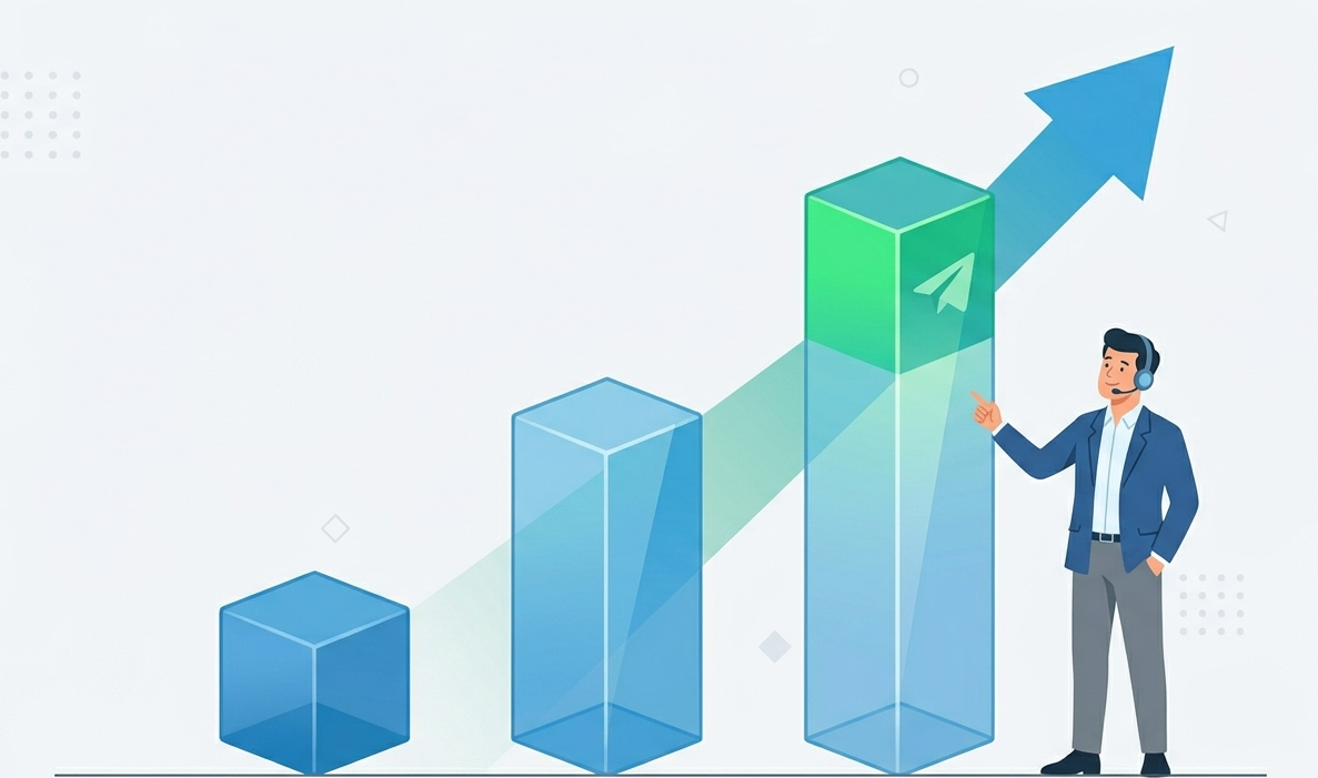 Scalable marketing growth chart illustrating the key outsourcing Telegram ads benefits for businesses.