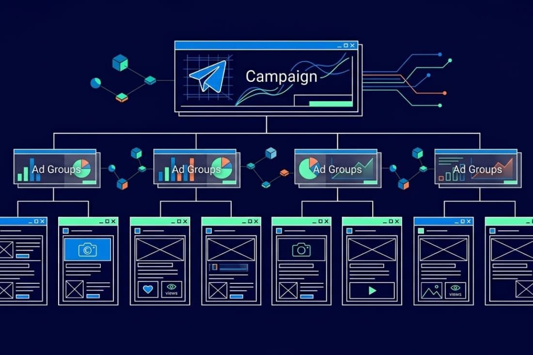 Hierarchical ad structure diagram supporting the overview of telegram campaign management and ad groups