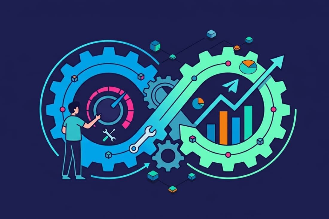 Gear and growth chart illustration representing the optimization process in overview of telegram campaign management