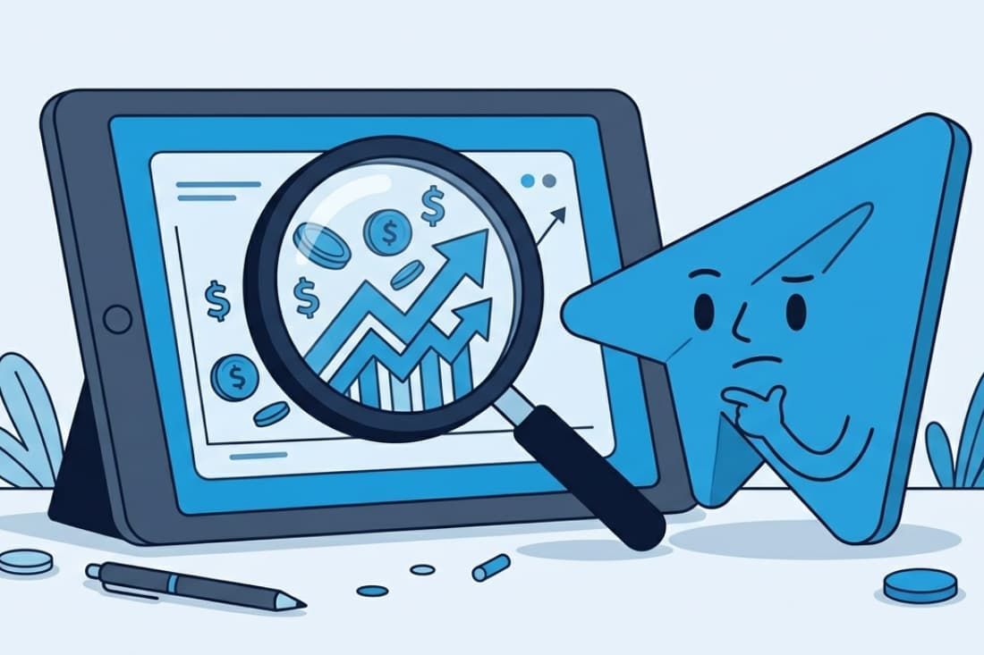 Telegram mascot analyzing the process for optimizing Telegram ads using a magnifying glass on a tablet