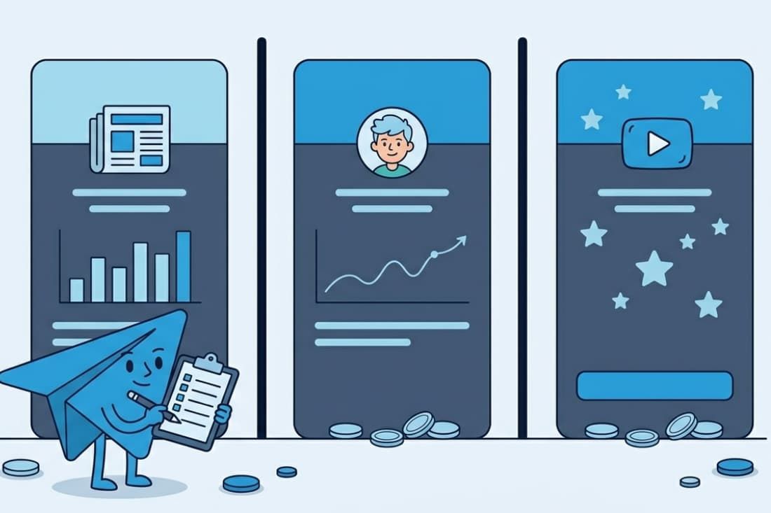 Telegram character reviewing the process for optimizing Telegram ads across three mobile screen placements