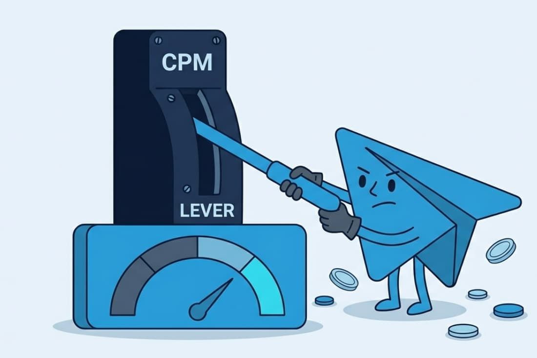 Telegram mascot adjusting a CPM lever as part of the process for optimizing Telegram ads bidding