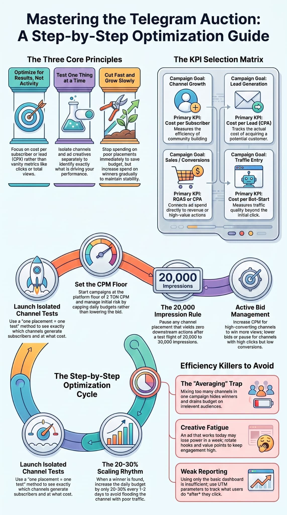 Step-by-step infographic guide illustrating the process for optimizing Telegram ads with KPIs and cycles