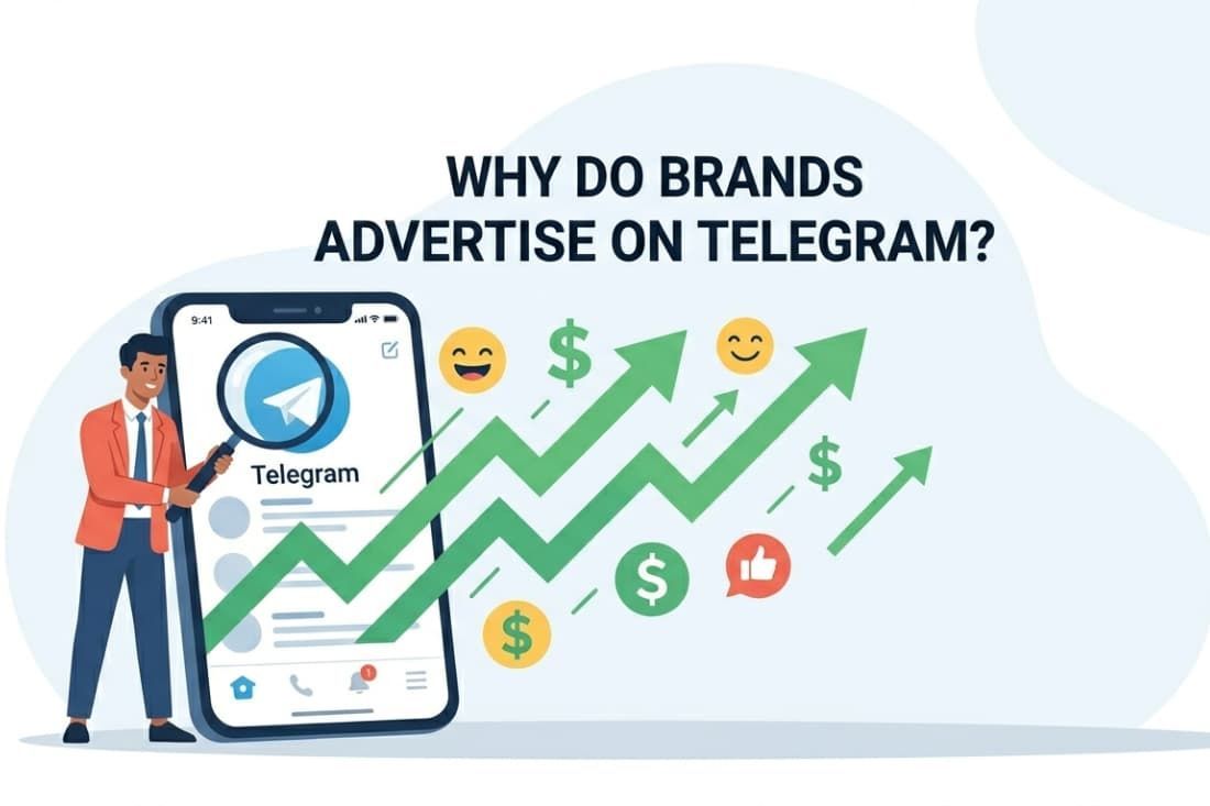 Marketer holding a Telegram app with rising growth arrows showing reasons brands advertise on Telegram for ROI.