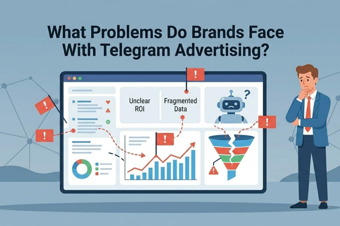Confused marketer facing unclear ROI and fragmented data, highlighting reasons brands advertise on Telegram cautiously.