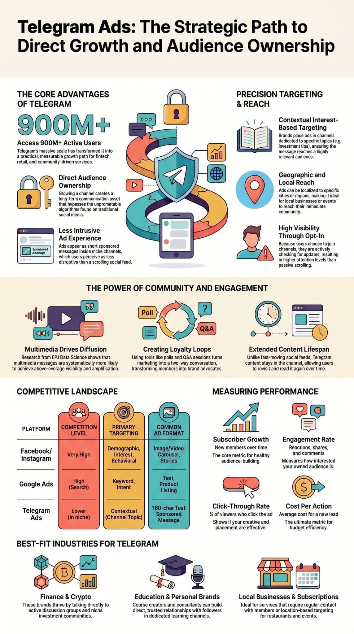 Infographic outlining reasons brands advertise on Telegram including targeting, engagement, and performance metrics.