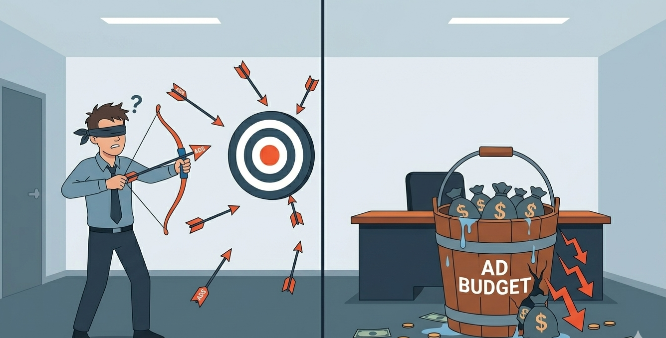 Stressed business person facing risks of managing Telegram ads alone like poor targeting and wasted budget.