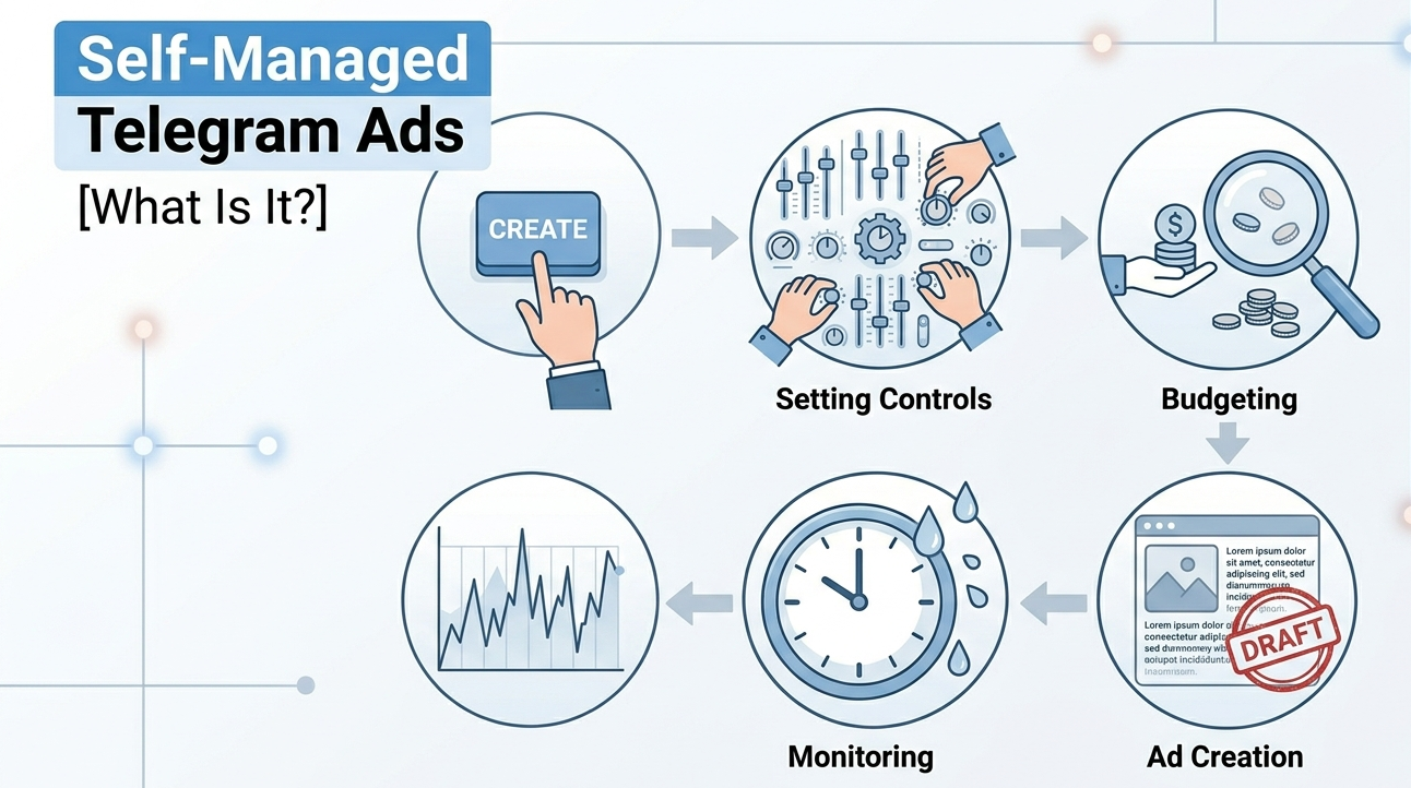 Workflow of self-managed vs agency telegram ads focusing on DIY controls, budgeting, and monitoring.
