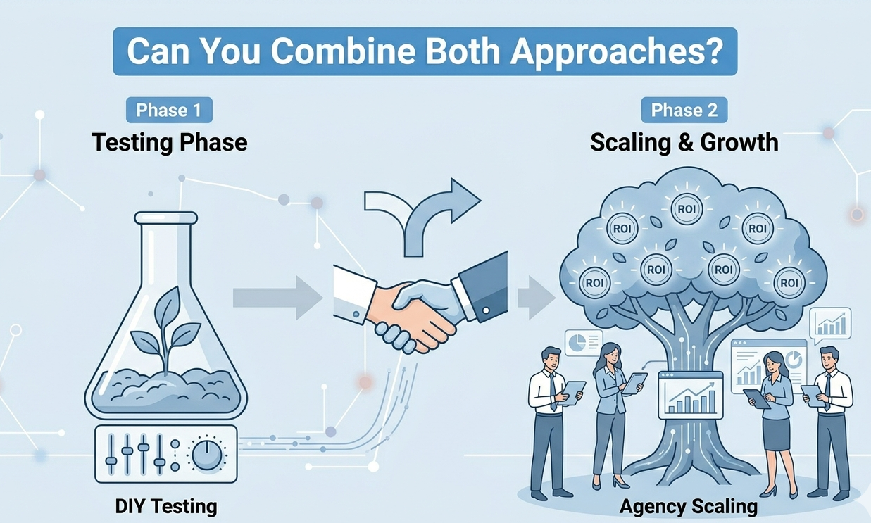 Hybrid model for self-managed vs agency telegram ads showing DIY testing and agency scaling.