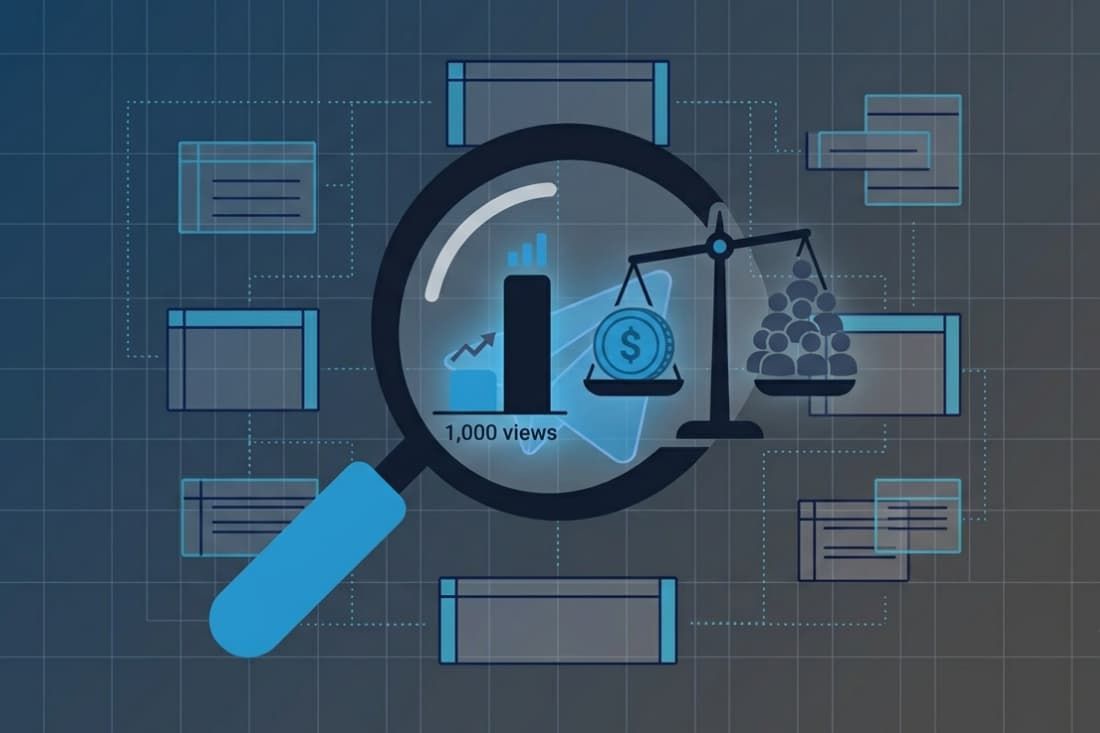 Magnifying glass over CPM bidding and audience scale balance with telegram ad campaign structure explained