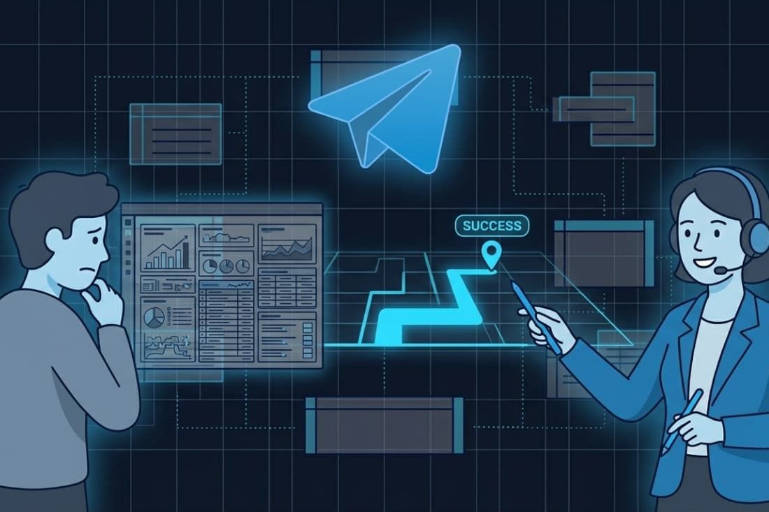 Consultant guiding marketer through success roadmap with telegram ad campaign structure explained visually