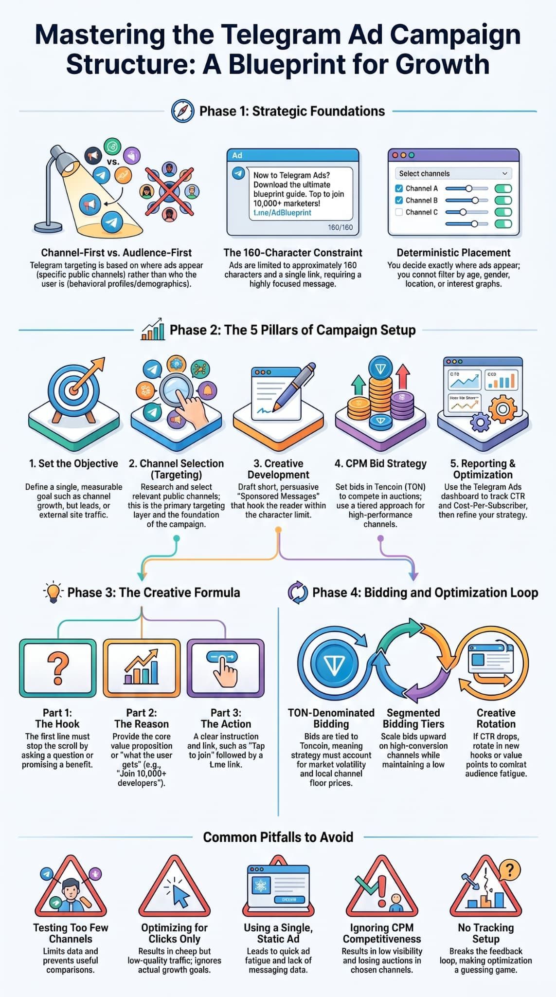 Infographic with phases and pitfalls covering telegram ad campaign structure explained for marketers