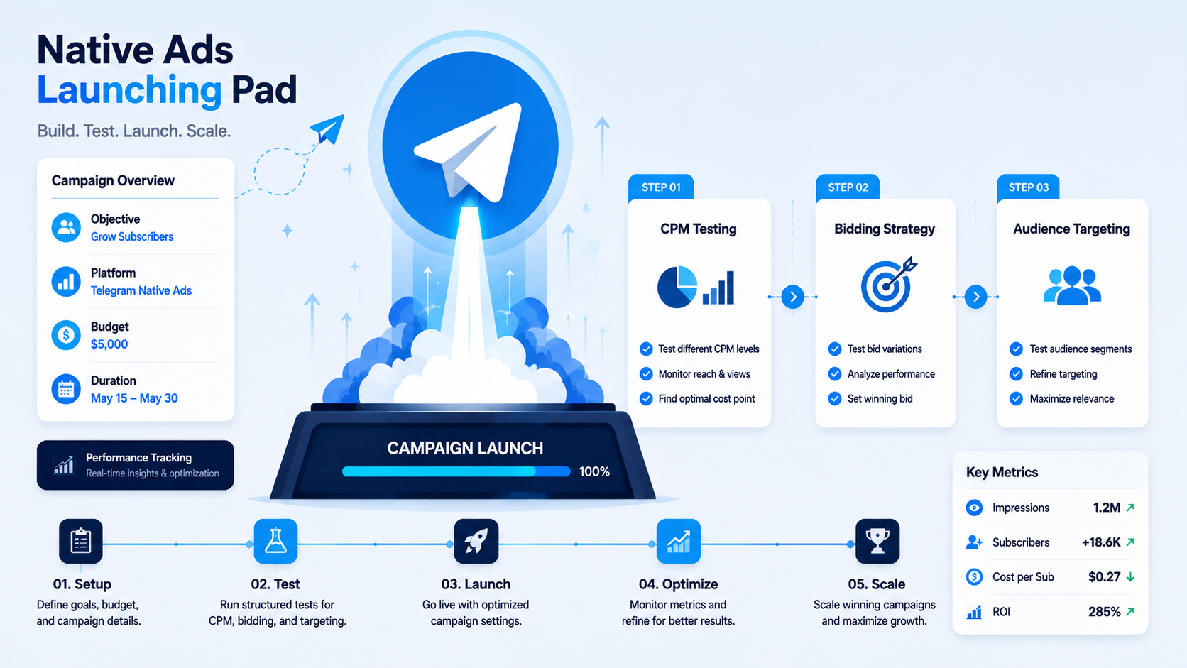 Telegram ad strategy planning graphic depicting native ad launch steps from CPM testing to audience targeting.