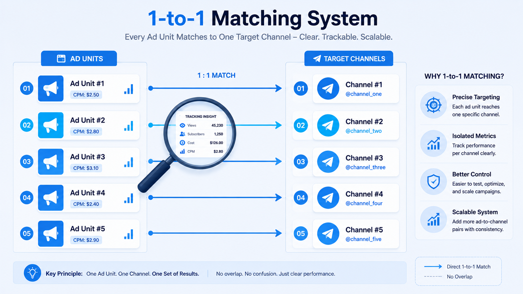 Telegram ad strategy planning diagram showing ad units matched one-to-one with target channels for tracking.