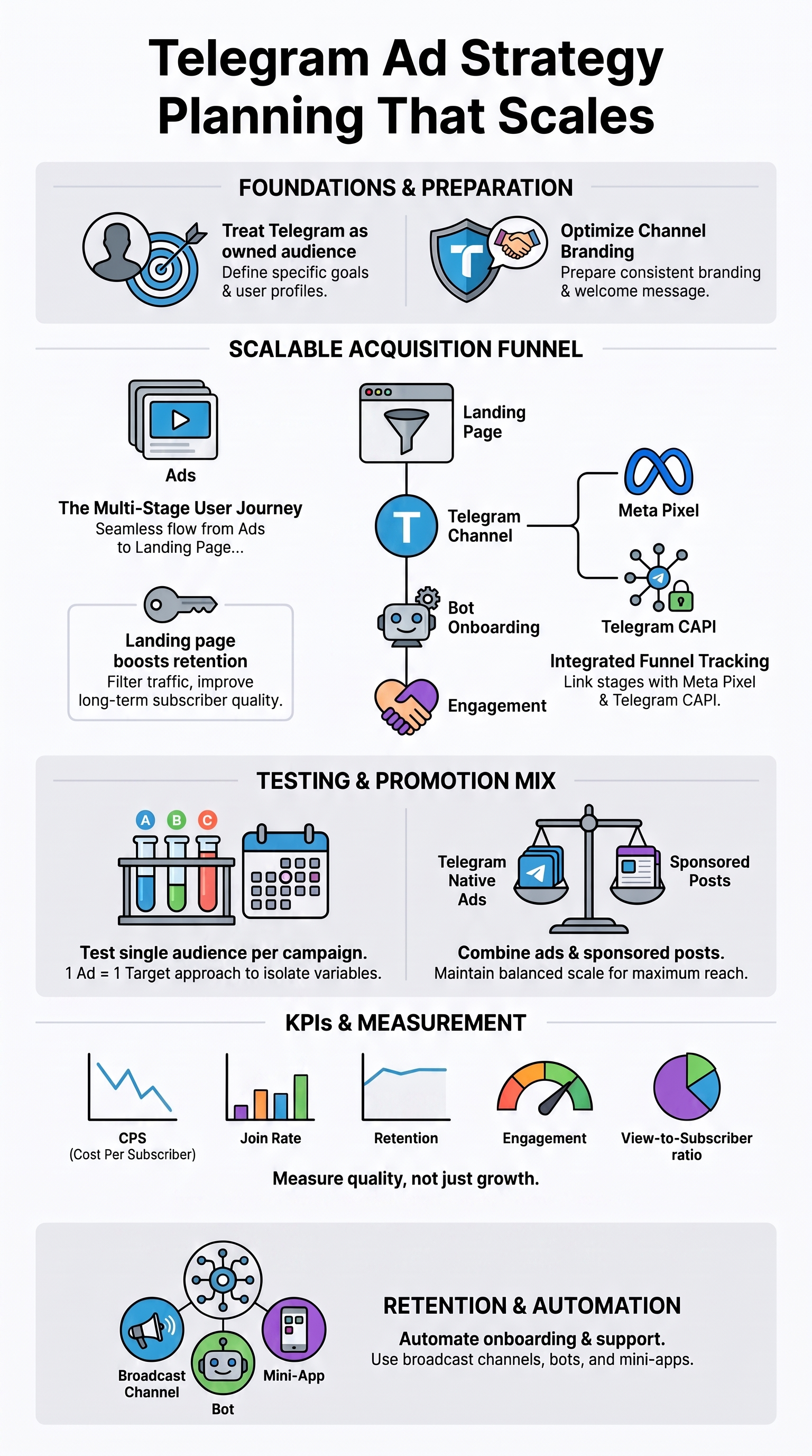 Telegram ad strategy planning infographic covering funnel setup, testing, KPIs, and retention automation steps.