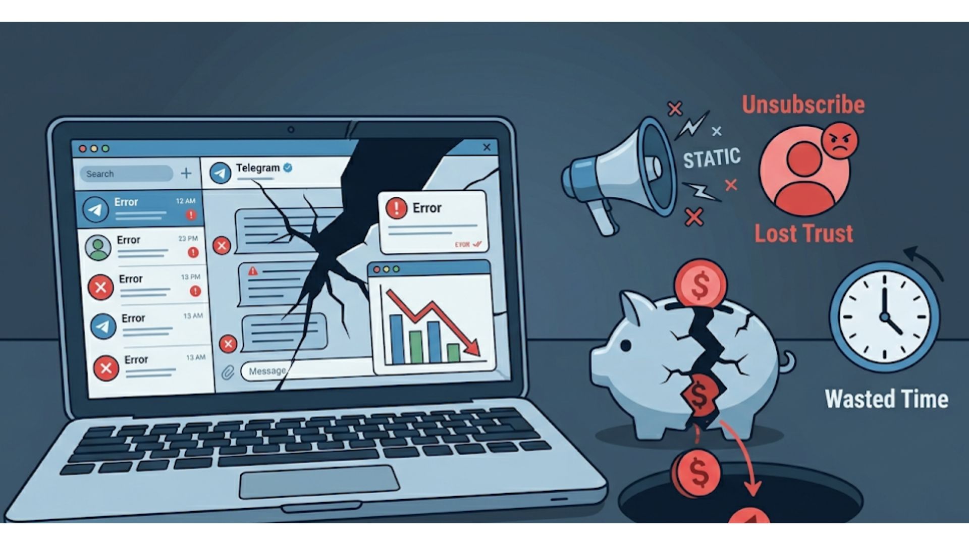 A broken laptop and lost budget show the risks of avoiding telegram campaign setup and optimization services.