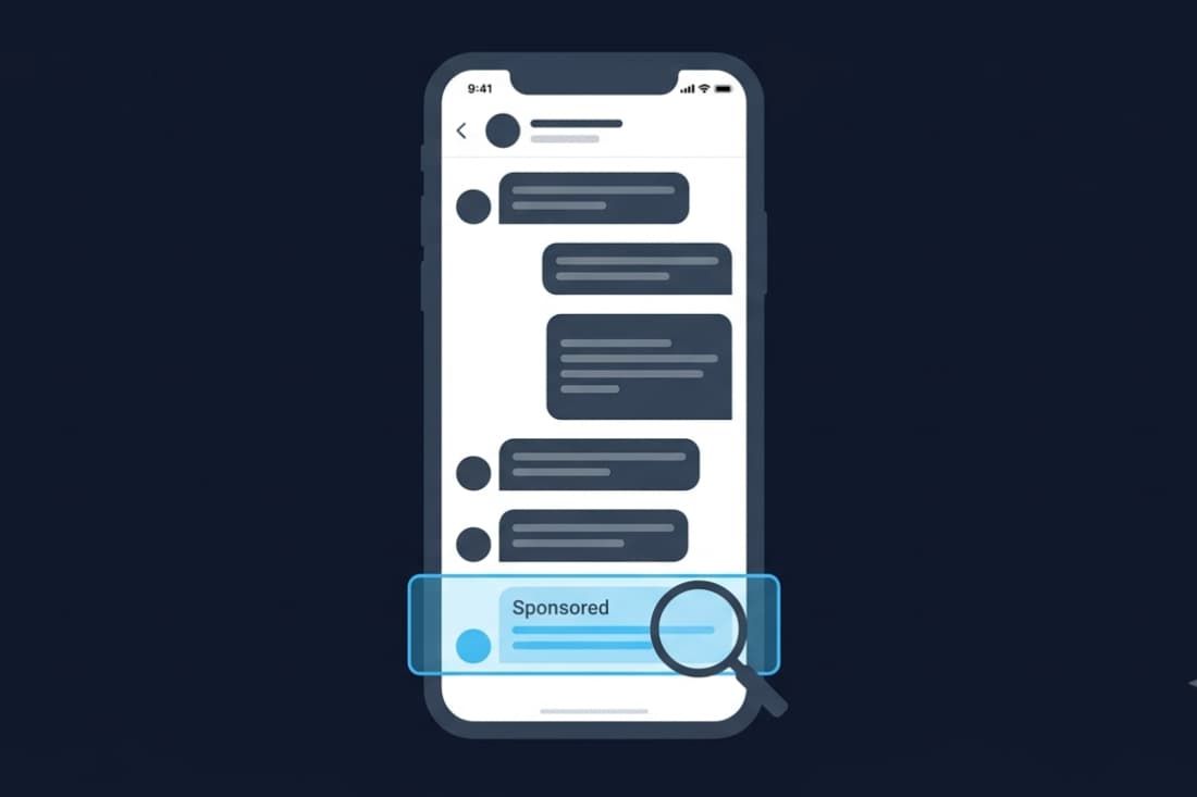 Mobile phone displaying a sponsored message for understanding telegram ad campaigns placement and visibility