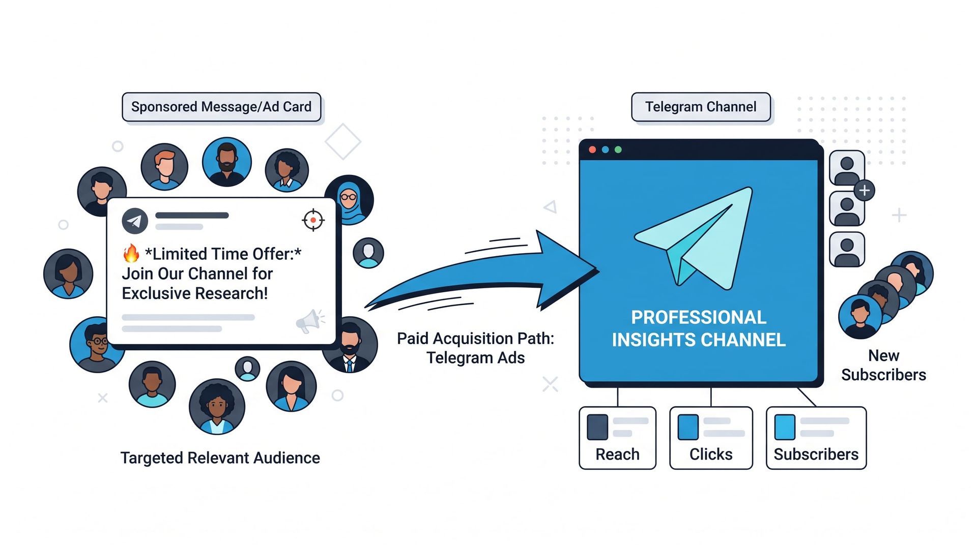 What is telegram marketing paid acquisition path using sponsored ads to gain new subscribers.