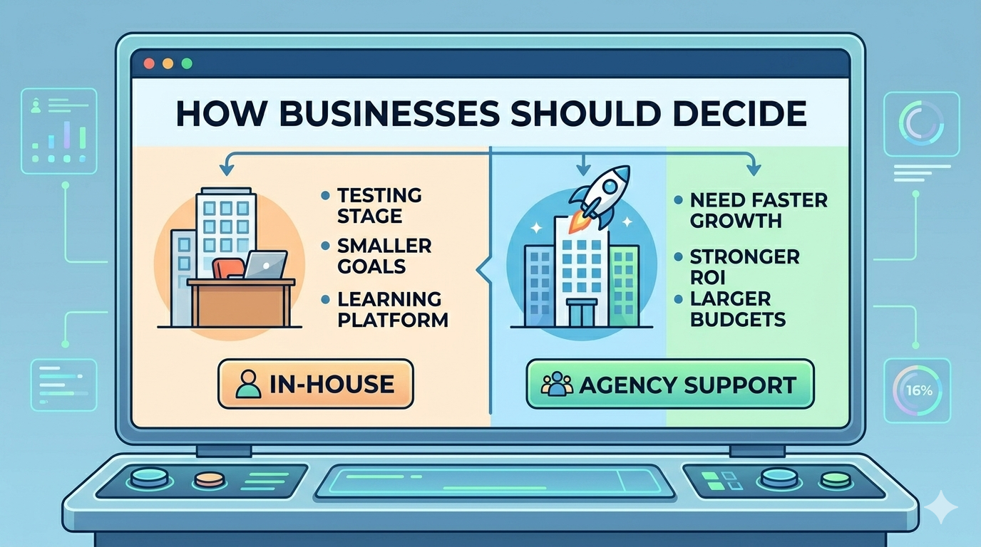 In-house vs. expert comparison illustrating who should manage telegram campaigns effectively.