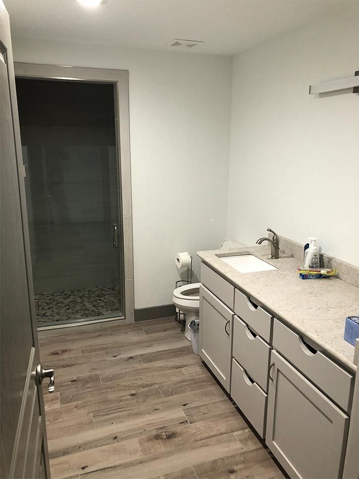 A modern, neutral-toned bathroom featuring a walk-in glass shower, wood-look flooring, a toilet, and a vanity cabinet.