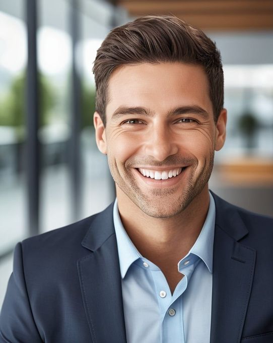 A bald man in a suit and tie is smiling for the camera.