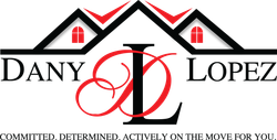 Dany Lopez logo with black and red roofline houses, red monogram, and slogan at bottom