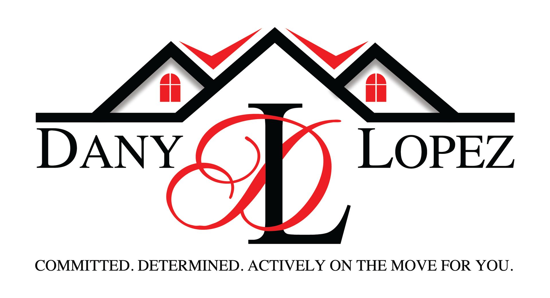 Real estate logo for Dany Lopez with house rooftops, red initials, and tagline 