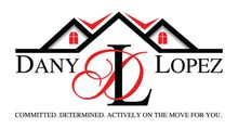 Real estate logo for Dany Lopez with house rooftops, red initials, and tagline 