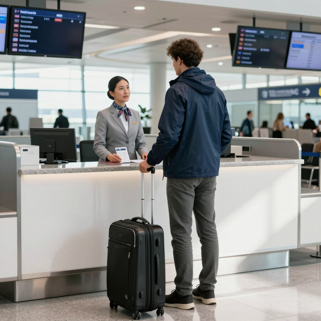 Person checking in at airport counter; luggage present, two monitors in background.