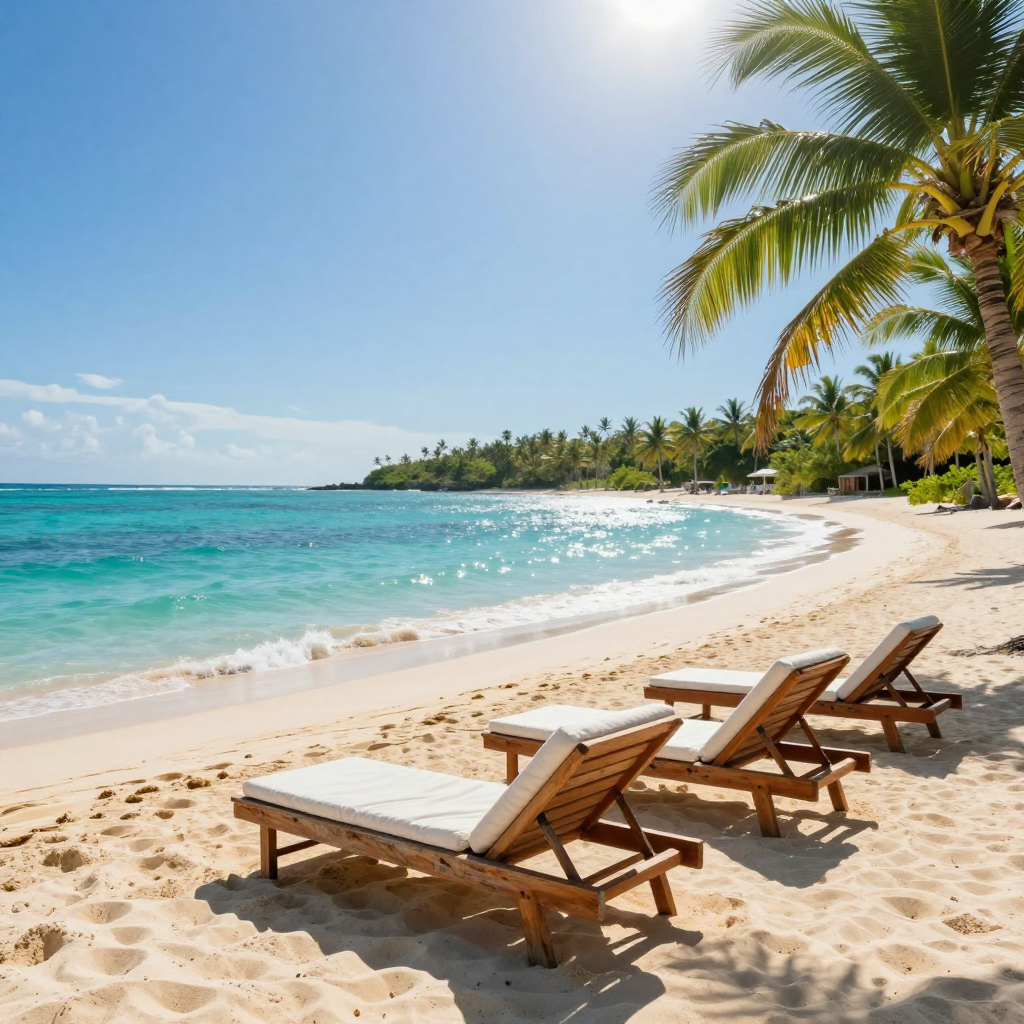 Beach scene: lounge chairs on a sandy shore, turquoise water, palm trees, sunny day.