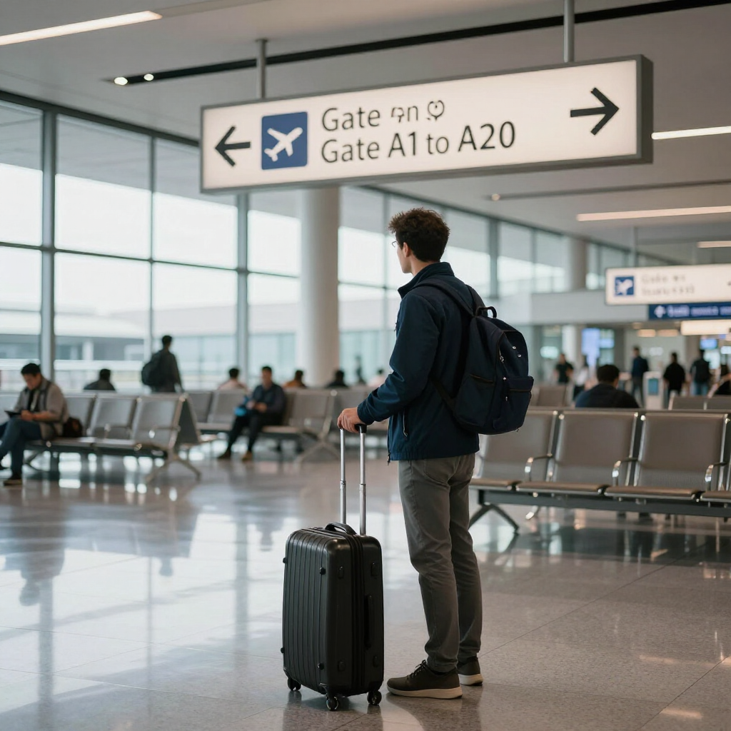 Man with suitcase and backpack looks at airport gate sign.