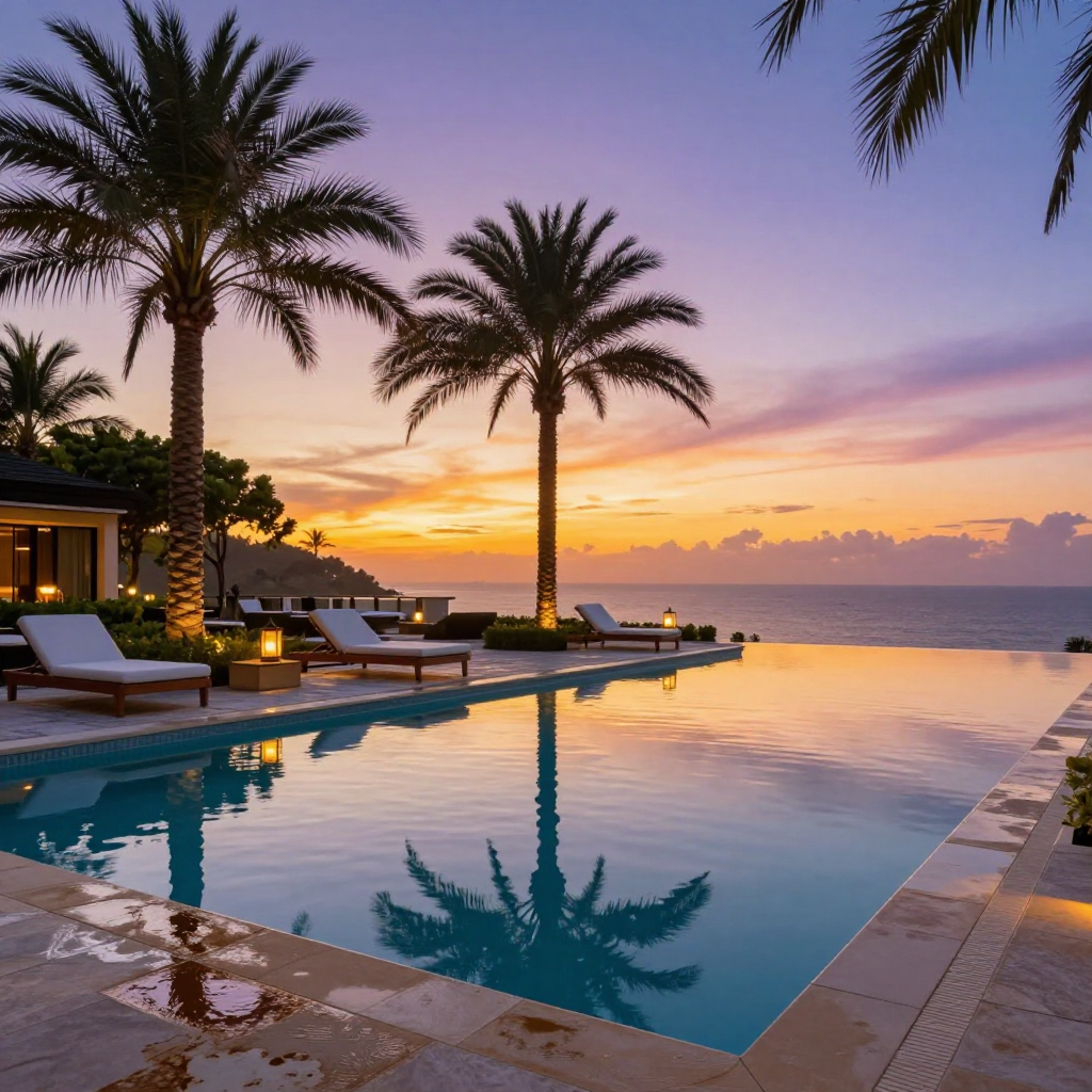Infinity pool overlooking ocean at sunset; palm trees and lounge chairs.