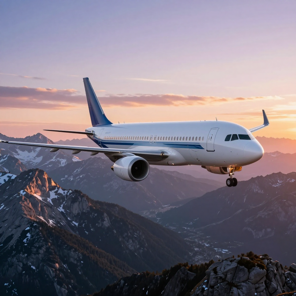 Airplane flying over a mountain range at sunset.